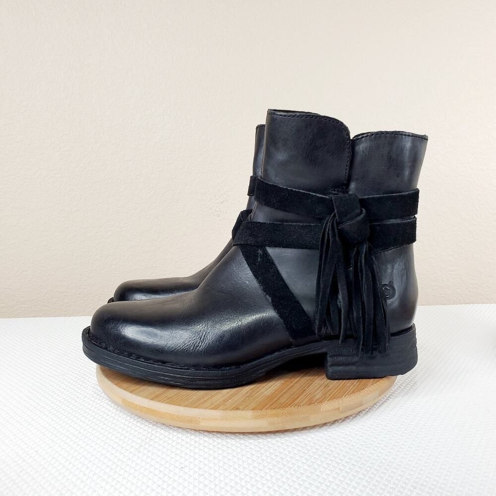 Born Boots Womens 7.5‎ Black Leather Belted Boho Western Moto Tassel Shoes